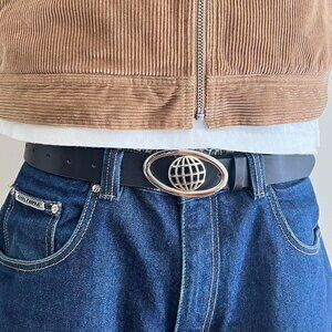 y2k 2000s chrome worldwide futuristic emblem black and silver grunge emo belt